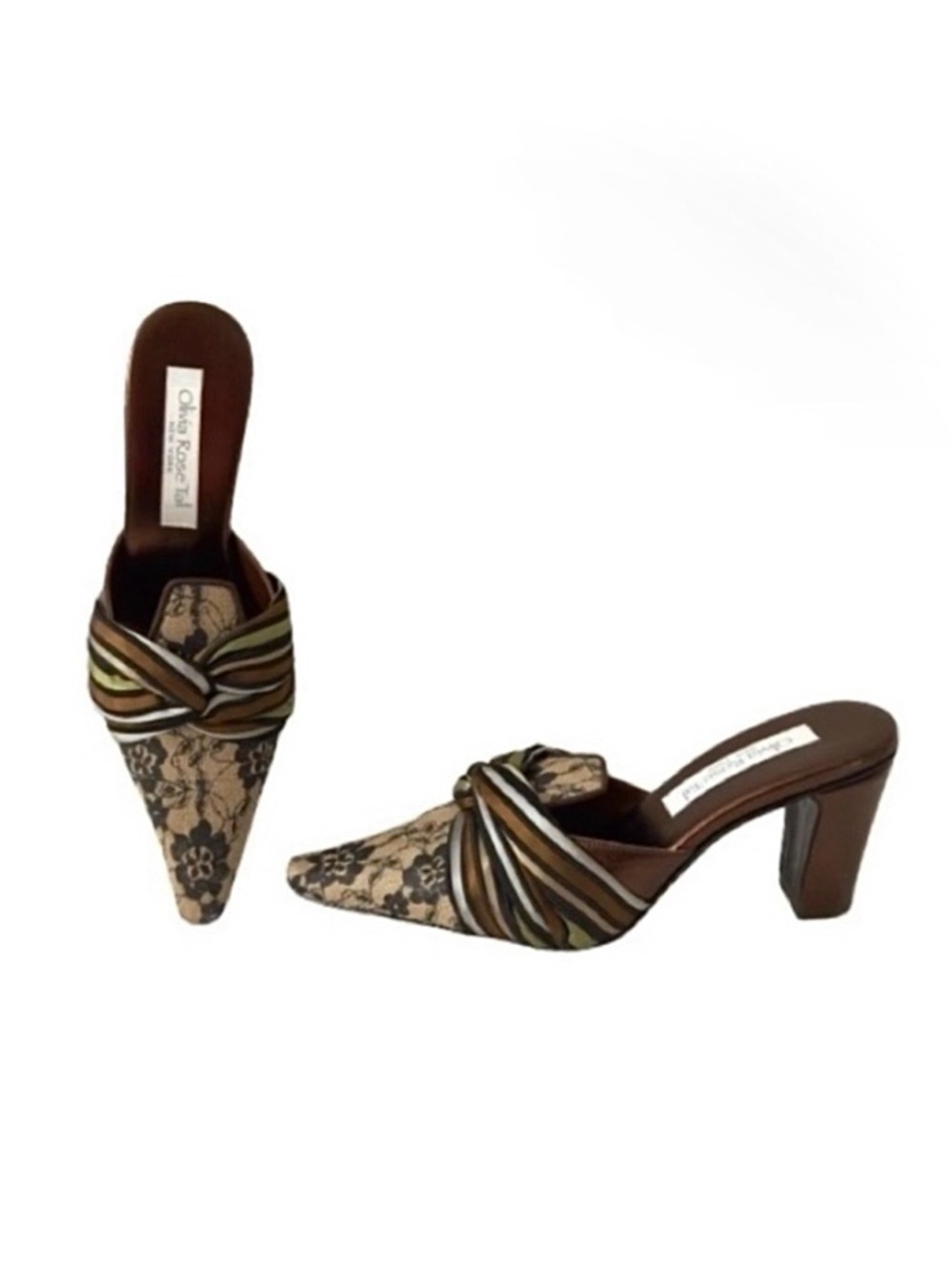 Olivia Rose Tal Marseilles T4 Lace Leather Multi Stripe Twist Heels Pointed Toe
